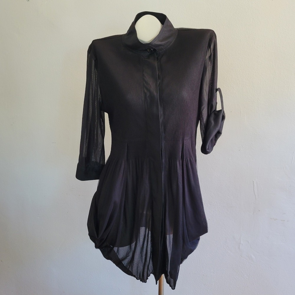 Lindi Tunic Top‎ Black Mixed Media Button Up 3/4 Roll Tab Sleeve Flowy Lagenlook
